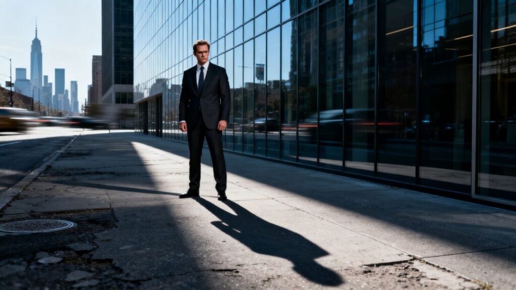 Real estate agent in front of office building, under scrutiny.