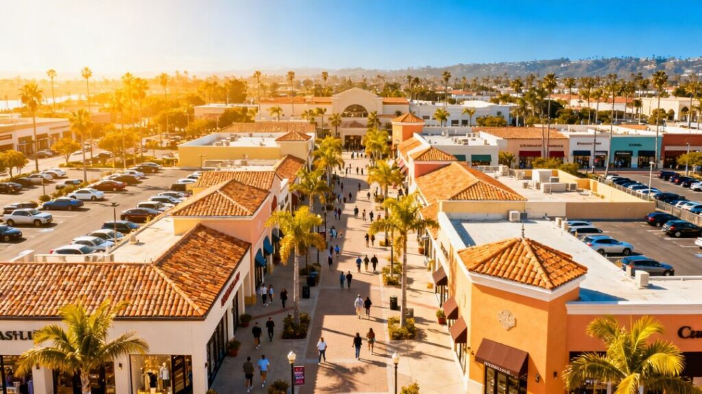 Open-air shopping center with storefronts and palm trees.