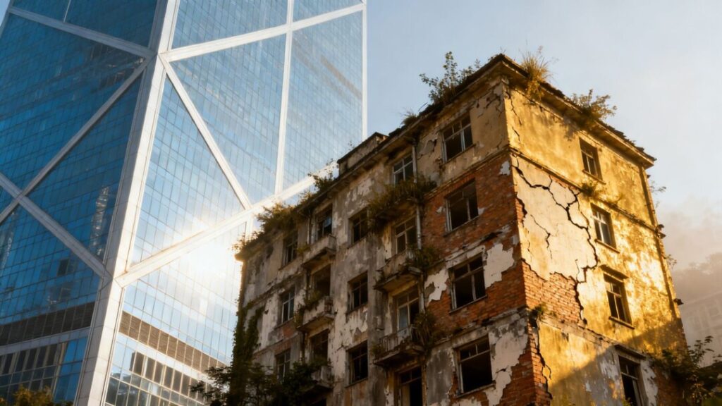 Modern skyscraper overshadowing a decaying old building.