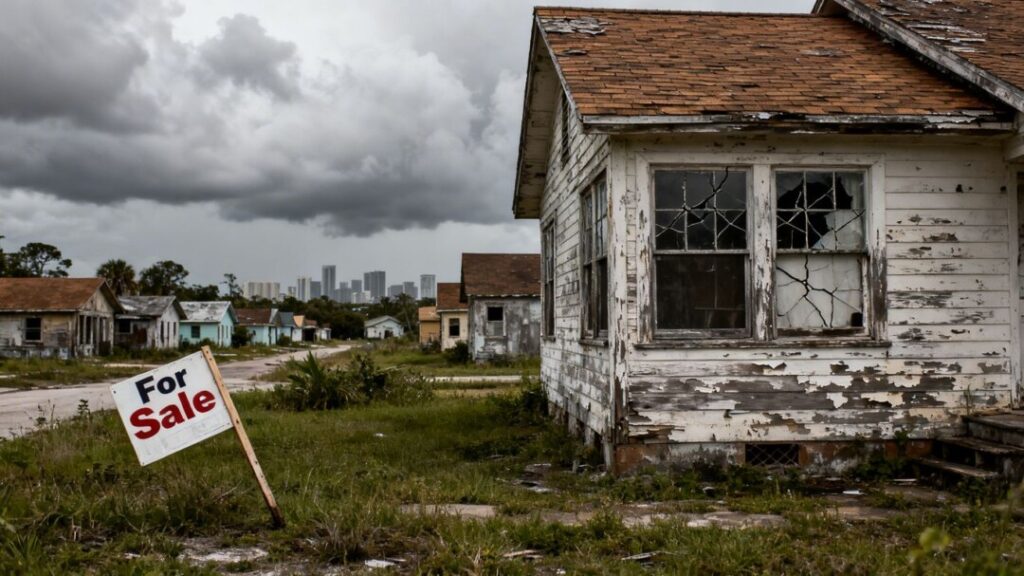 Florida home with foreclosure sign, cloudy sky.