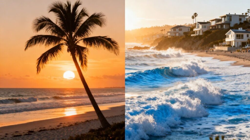 Florida beach sunset contrasts with sunny California coast.