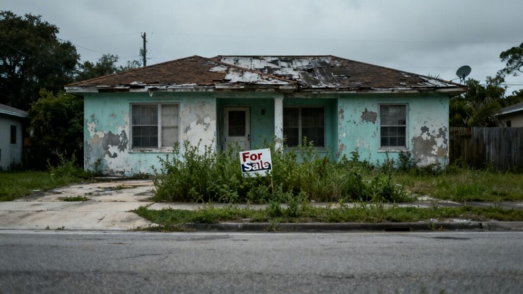 Florida home with overgrown yard and gray sky.