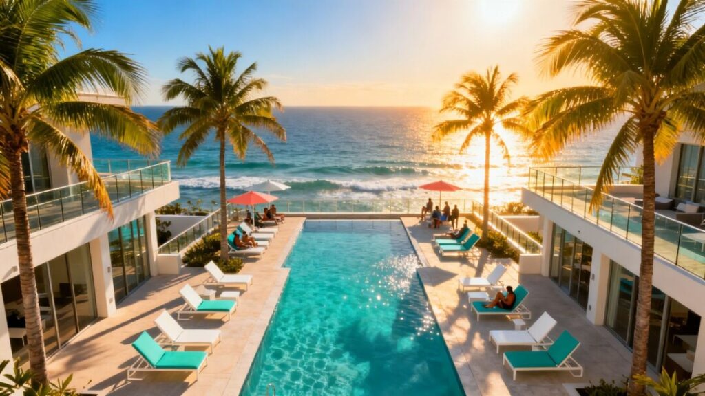 Luxury hotel rooftop pool with ocean view and palm trees.
