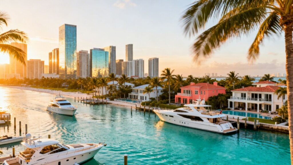 Miami skyline with luxury yachts and beachfront mansions.
