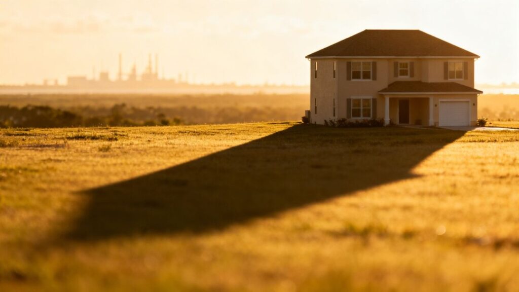 Florida landscape with house and distant city skyline.