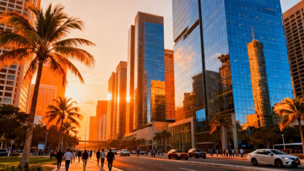 Florida cityscape with modern skyscrapers and palm trees.