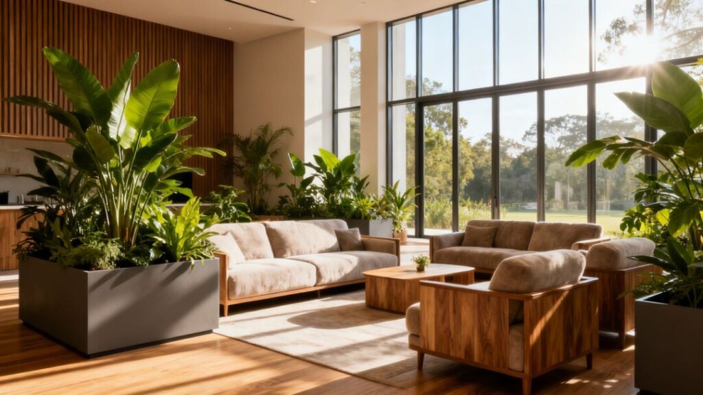 Modern wellness center interior with plants and natural light.