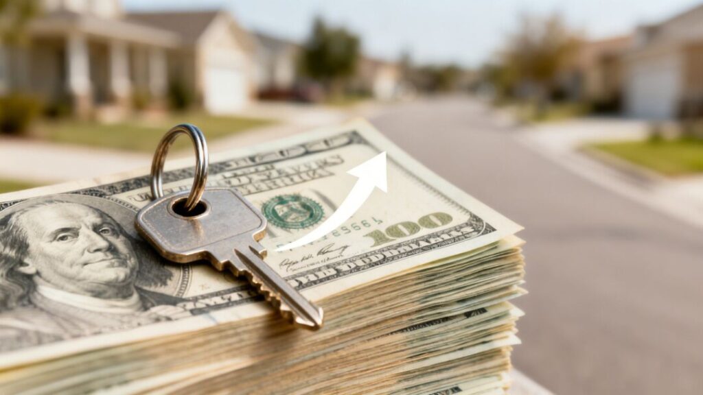 House key on money with upward arrow indicating rising rates.