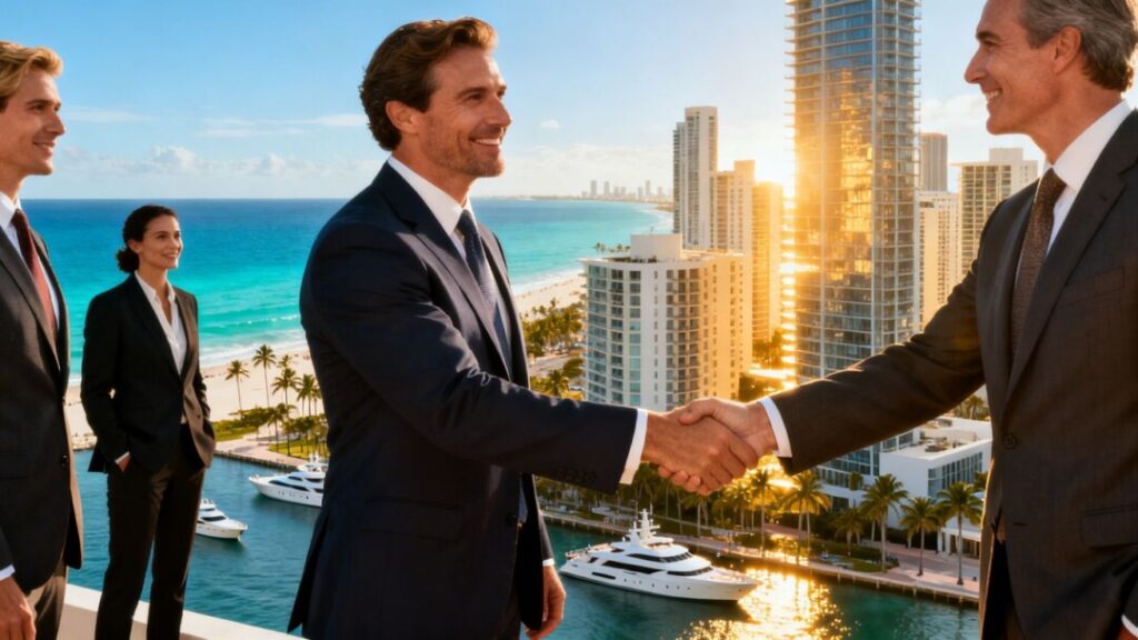 Miami skyline, condos, ocean, businesspeople, yachts, palm trees