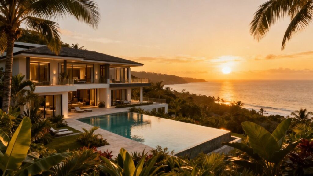 Luxury mansion with infinity pool at sunset.
