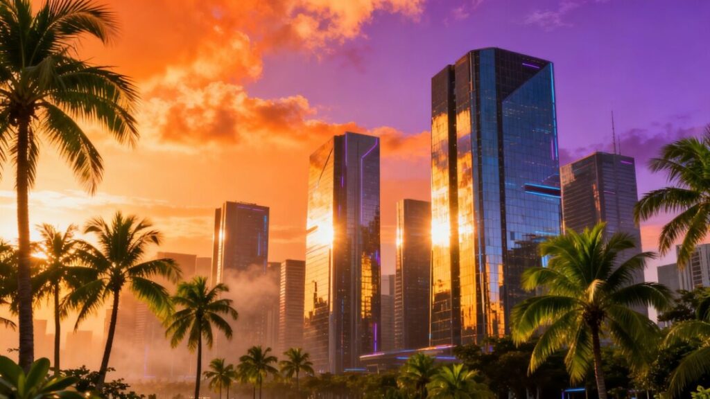 West Palm Beach skyline with modern buildings and palm trees.