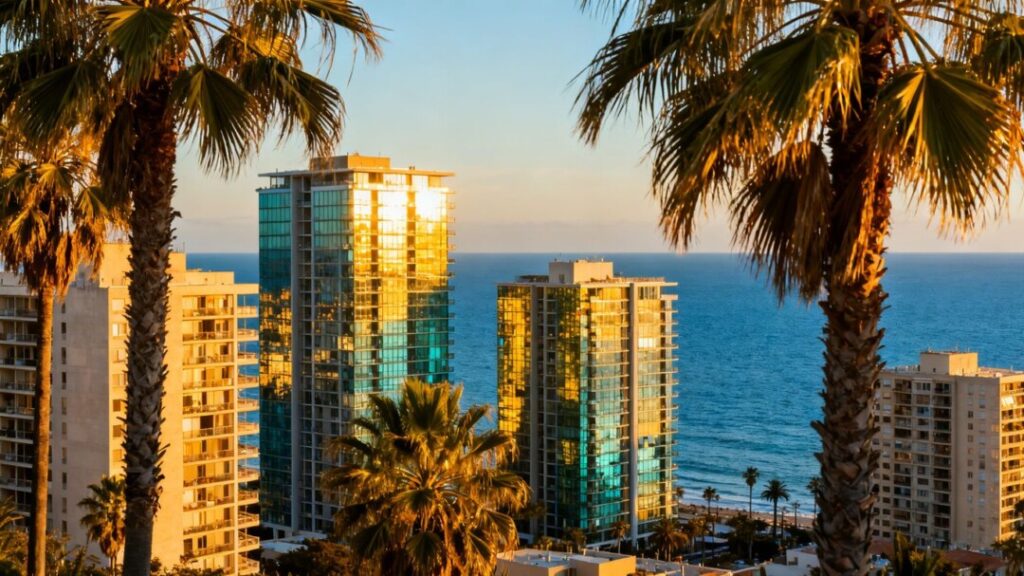 Miami skyline with apartment buildings and palm trees.