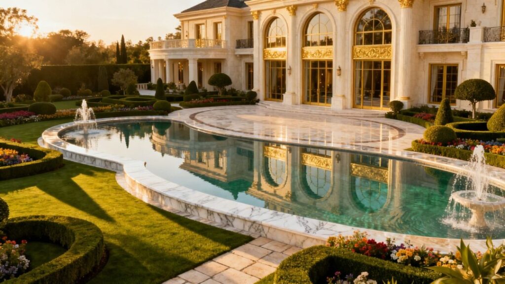 Ultra-luxury mansion with manicured lawns and a swimming pool.