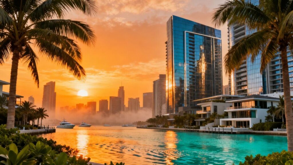 Miami skyline with waterfront properties and palm trees.