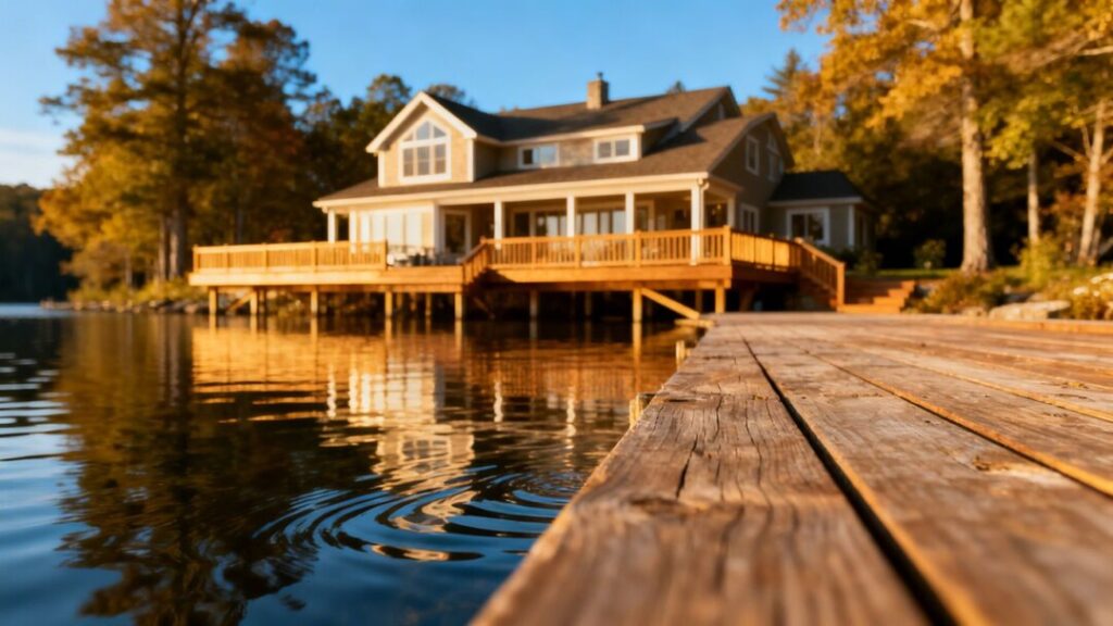 Lake house with deck and trees.