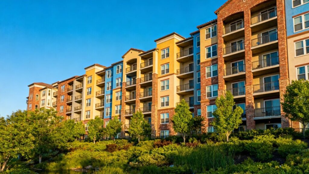 Apartment building exterior with landscaping.