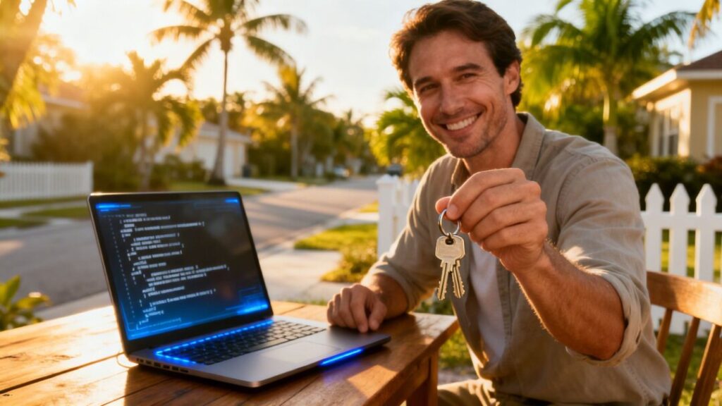 Florida man with keys, house, and laptop with code.