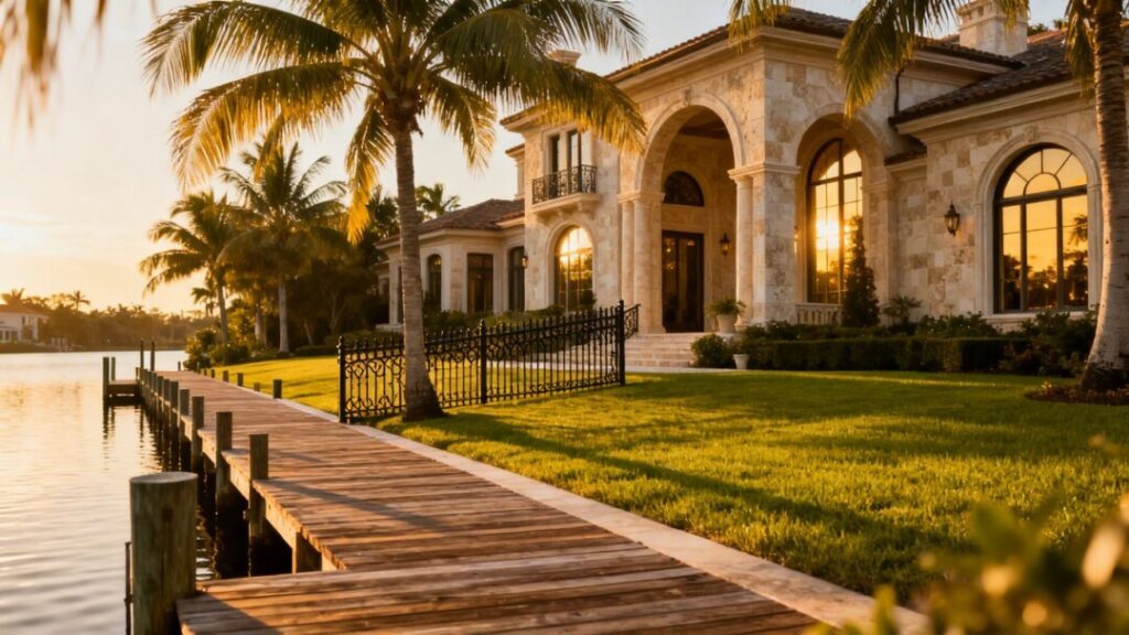 Exclusive Florida mansion with private dock and palm trees.