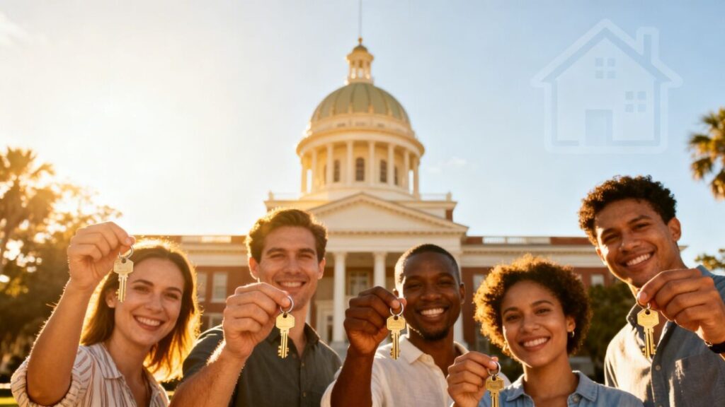 Florida capitol building with people holding house keys.