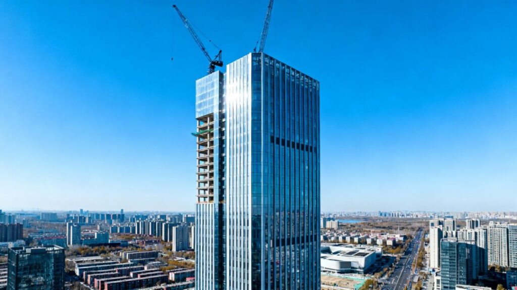 Luxury high-rise building construction milestone in Fulton Market.