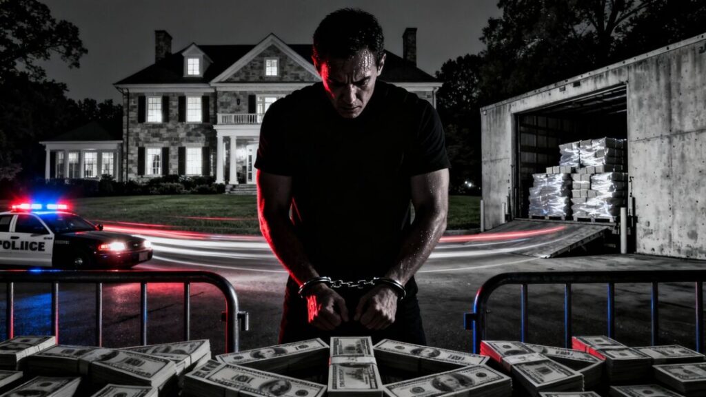 Real estate scam bust with mansion and money.