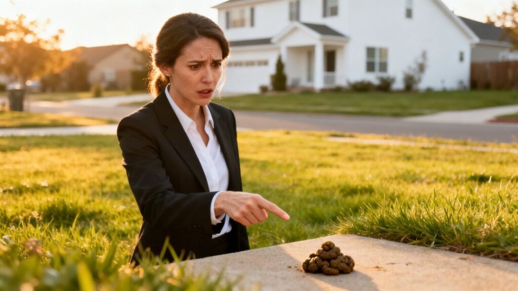 Real estate agent points to dog poop on lawn.