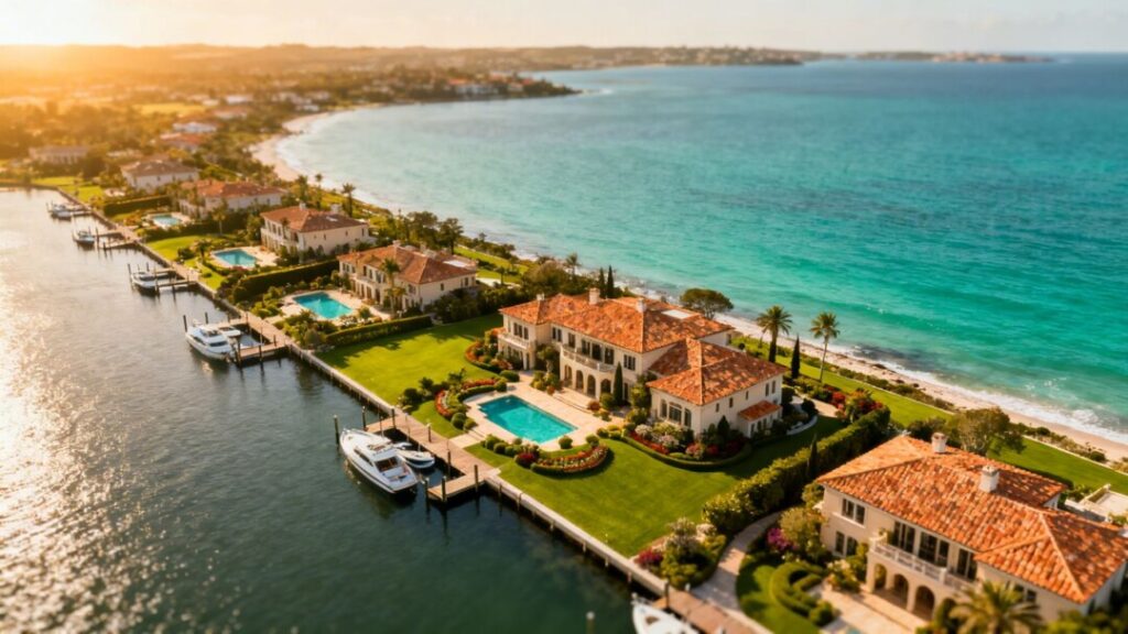 Opulent waterfront mansions in Palm Beach County, Florida.