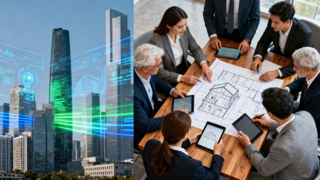 Real estate agents and AI technology interacting.