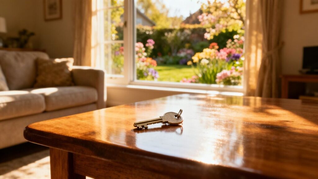 Key on table in sunlit room, blooming garden outside.