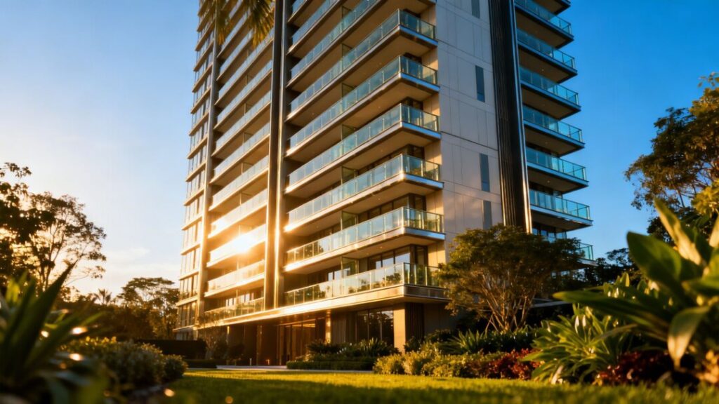 Luxury condominium tower with glass balconies against blue sky.