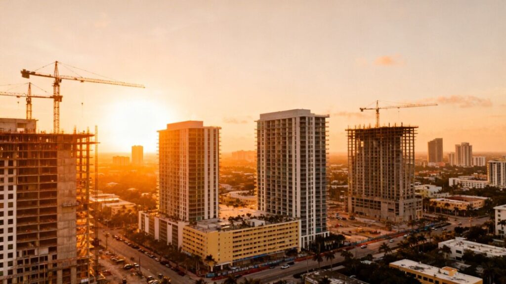 South Florida skyline with construction cranes at sunset.