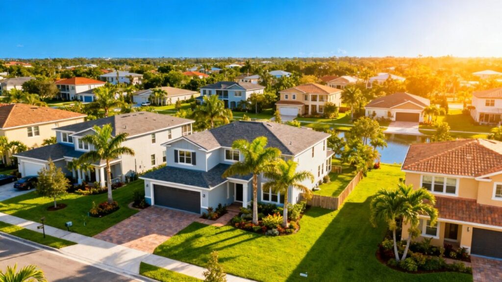 Central Florida homes under a bright blue sky.