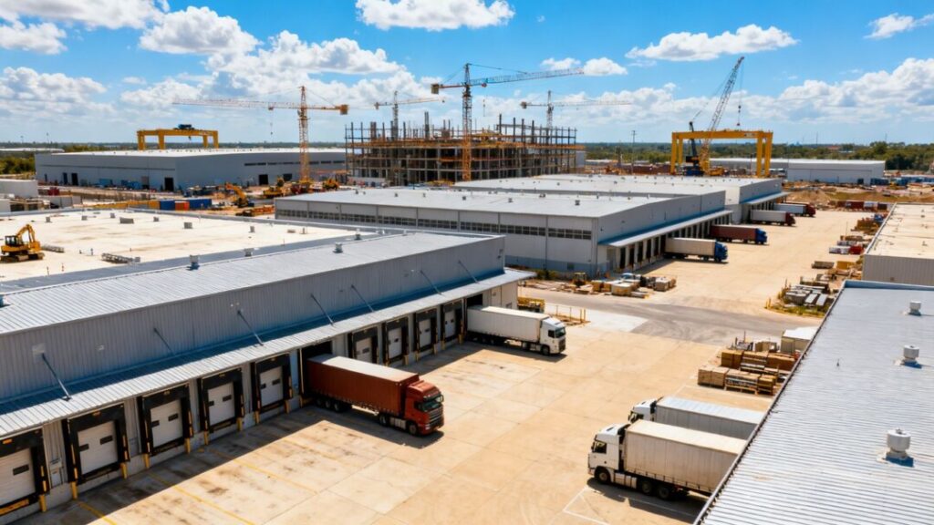 Miami-Dade industrial warehouses with cranes and trucks.