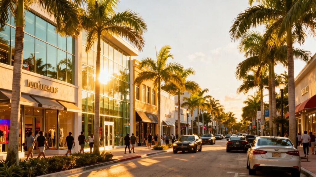 Florida retail buildings with palm trees and people.