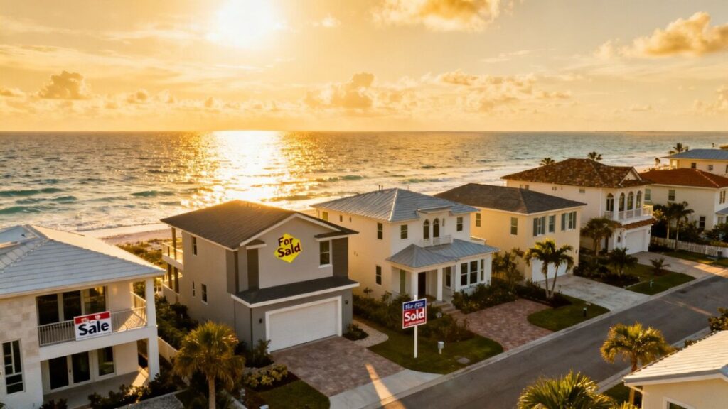 Florida homes with 'For Sale' and 'Sold' signs near the coast.