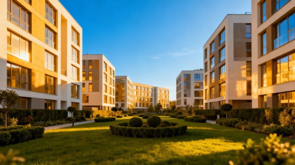 Modern apartment complex with landscaping and blue sky.