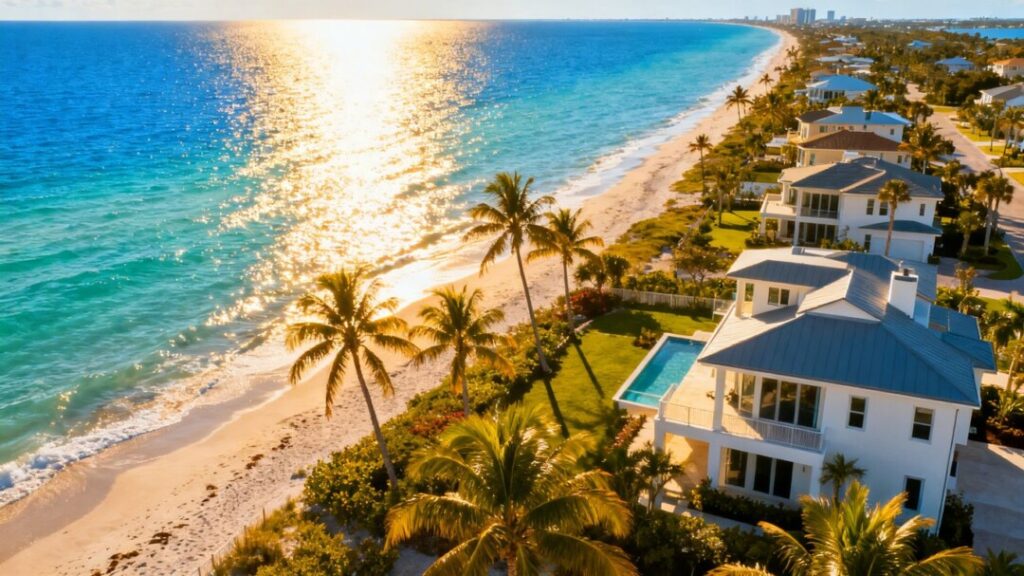Florida coastline with luxury homes and palm trees.
