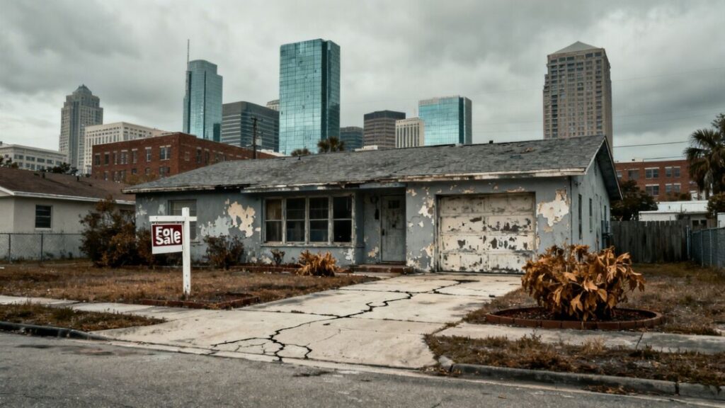 Tampa Bay home with foreclosure signs and declining property values.