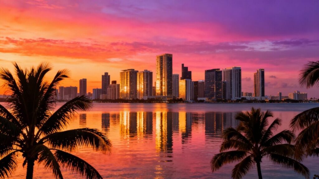 Miami skyline over ocean with palm trees.