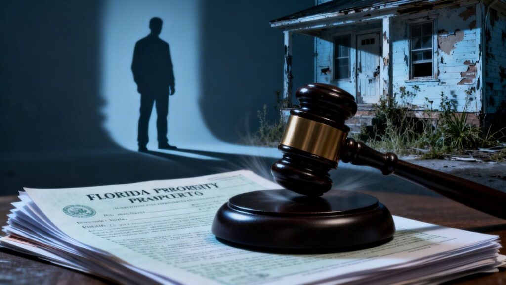 Gavel striking deeds, shadowy figure, distressed Florida house.