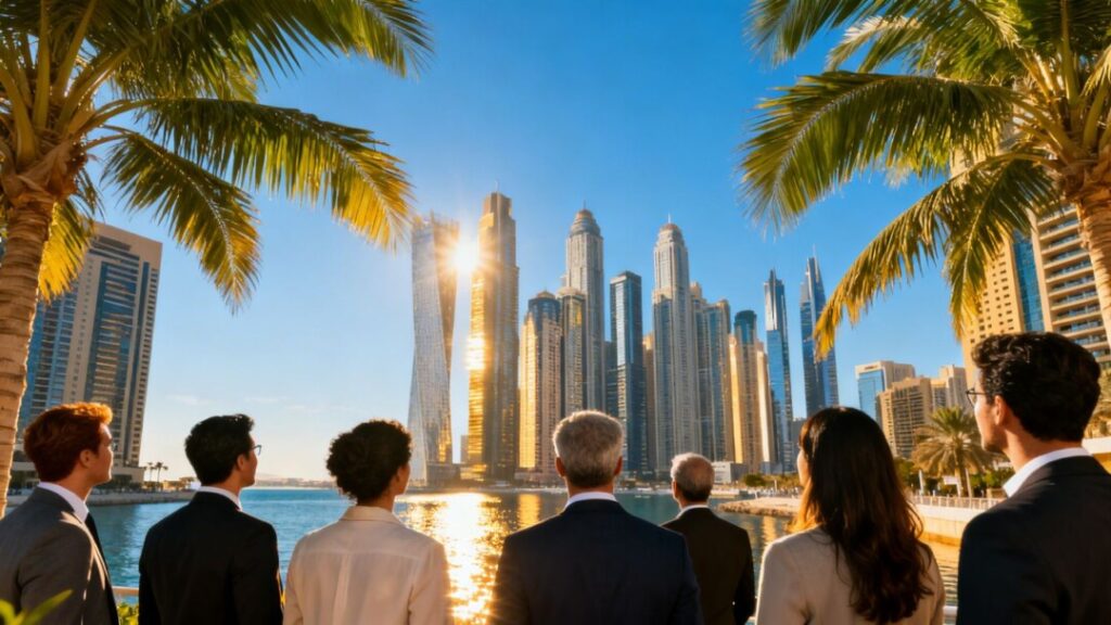 South Florida skyline with investors looking towards the city.