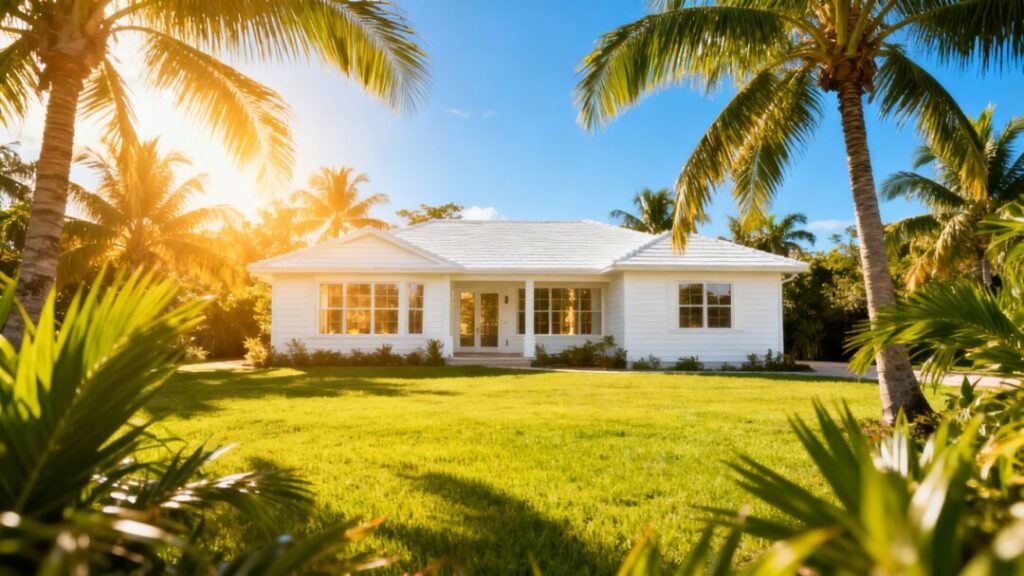 Florida home with palm trees under a sunny sky.
