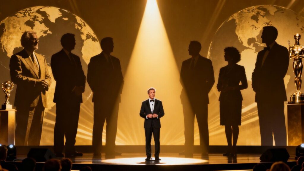 Host and global icons on stage, spotlight, elite success.