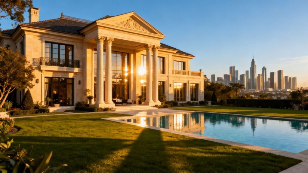 Luxury Florida mansion with pool and city skyline.