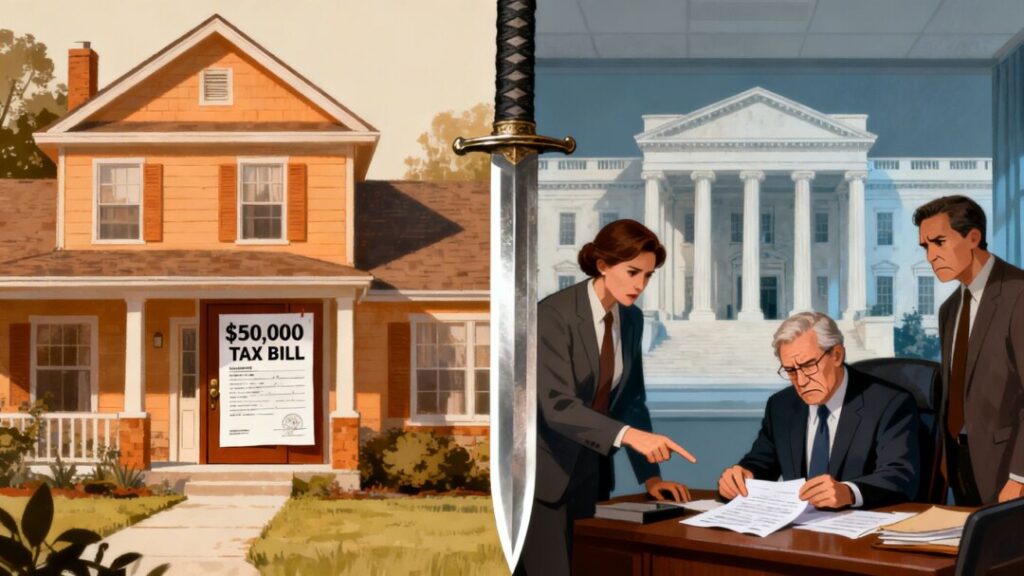 House with tax bill and government officials with sword.