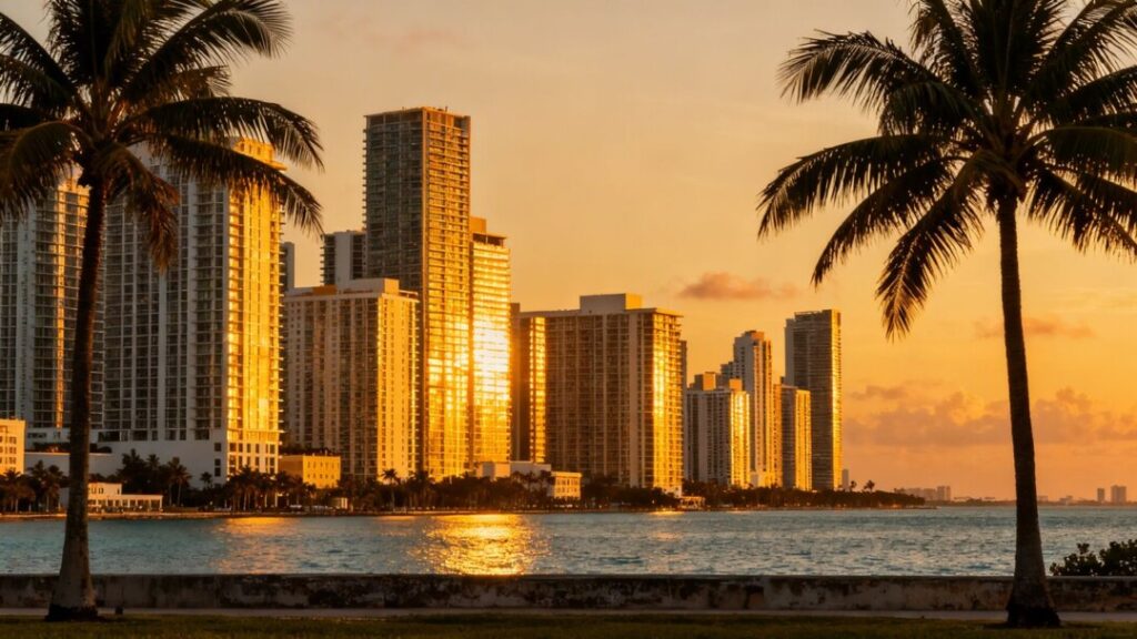 Miami skyline with luxury buildings and ocean.
