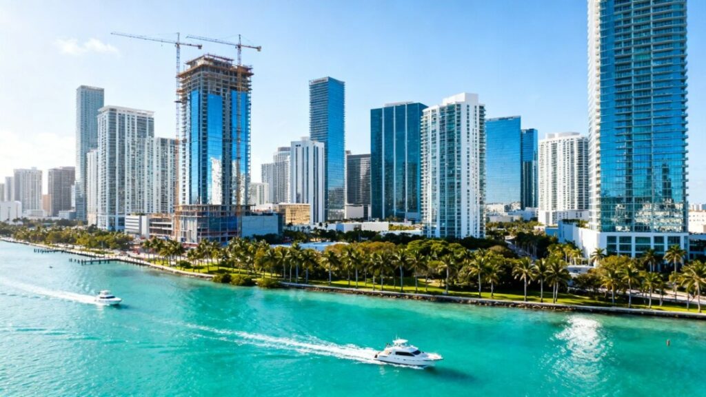 Miami skyline with skyscrapers, cranes, and ocean.