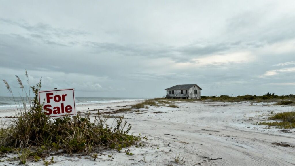 Florida coastline with a 'For Sale' sign and empty house.
