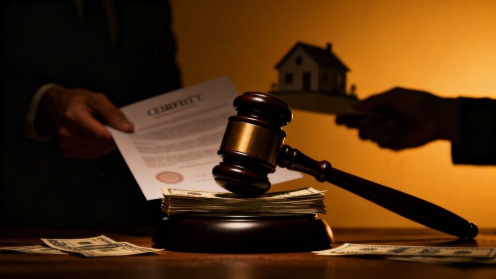 Gavel, money, deed, and shadowy figure in real estate fraud.