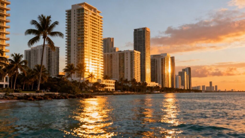 Miami skyline with ocean and palm trees.
